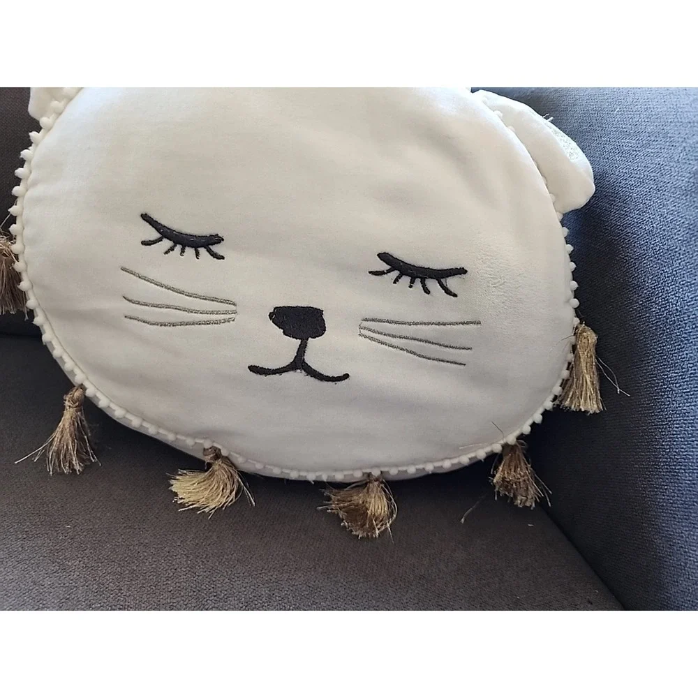 Pottery Barn Kids Emily & Meritt White Decorative Cat Pillow Gold Tassels Kitten